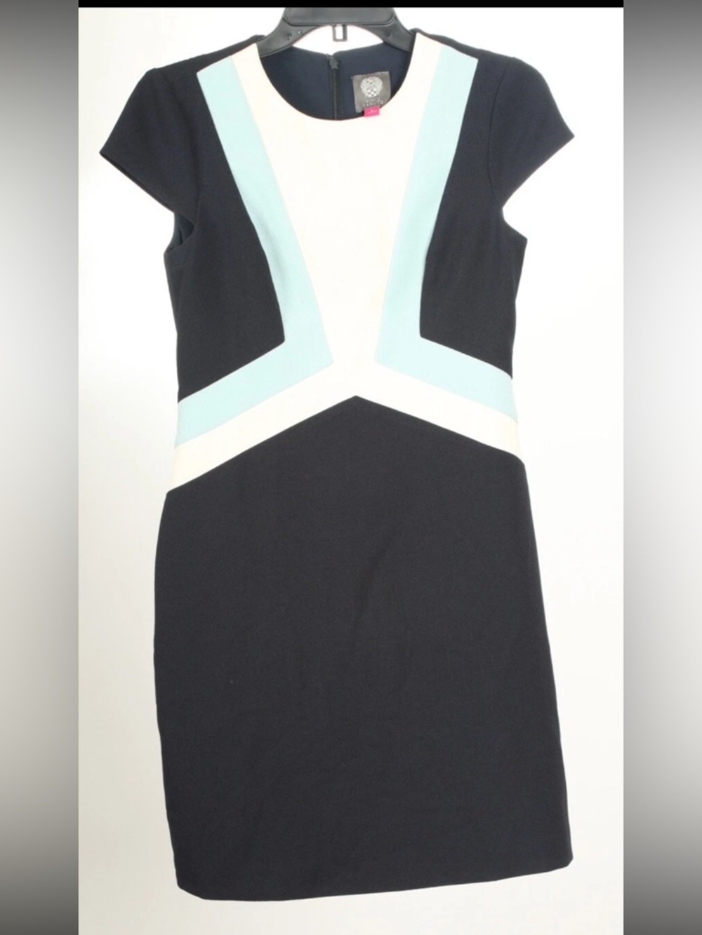 Vince Camuto Women’s Dress 2 Blue White Sheath Short Sleeve Stretch Lined